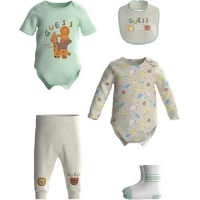 GUESS Unisex Baby Eco Bodysuits, Sweatpants, Bib and Socks 5 Piece Set