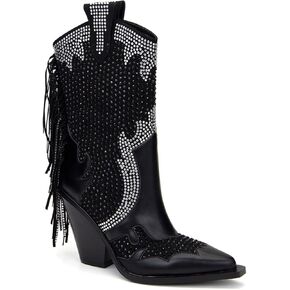 Feinlina Women's Pointed Toe Chunky Heel Mid Wide Calf Boots Rhinestone Western Cowboy Boots With Tassel