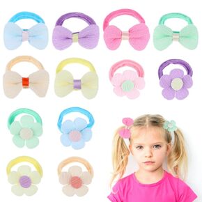 12 Pcs Toddler Girl Hair Tie Bows and Flowers, Baby Hair Elastics, Seamless Hair Ties for Baby Girls Hair Ties Toddler Girl Toddler Hair Ties with Bows Colorful Cute Hair Accessories for Girls