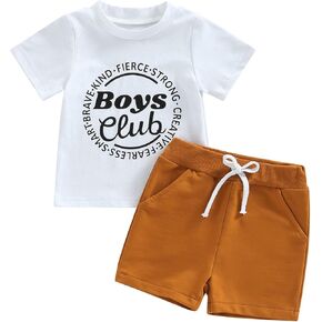 Infant Baby Boys Summer Clothes Set Boys Club Printed Shorts Sleeve T-Shirt Top Elastic Waist Shorts 2Pcs Outfits (White & Brown,12-18 Months)