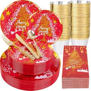 Rubtlamp 210Pcs Plastic Pink Plates with Gold Plastic Silverware Set Include 30Pink Dinner & 30 Dessert Plates, 90Gold Cutlery, 30Gold Cups, 30Napkins, Pink Dinnerware for Party