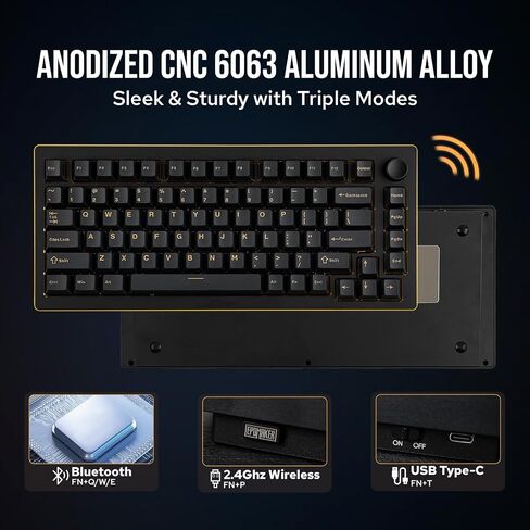 EPOMAKER Tide75 Upgraded QMK/VIA Wireless Gaming Keyboard, 75% Aluminum Mechanical Keyboard, Hot-Swap Creamy Keyboard with FR4 Plate, Bluetooth/2.4Ghz/USB-C, RGB Backlit, NKRO (Black) in Saudi Arabia