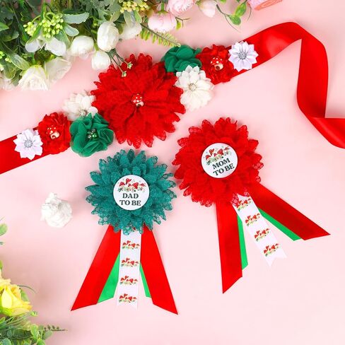 طقم وشاح الأمومة لاستحمام الطفل على شكل فطر - حزام بطن لحفلة استقبال المولود الجديد على شكل فطر وأمي ليكون وأبي ليكون دبابيس الصدار، أحمر وأخضر للآباء الجدد صور الحمل لوازم الحفلات in Kuwait