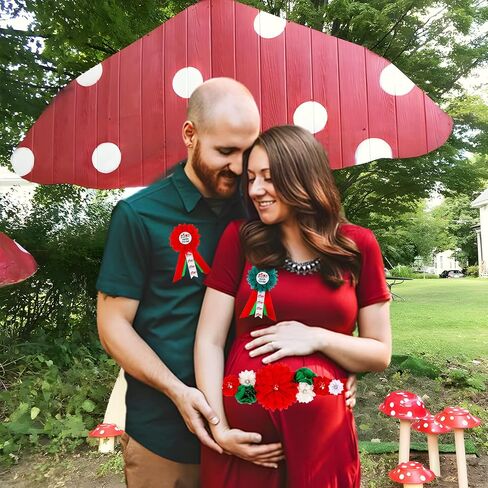 طقم وشاح الأمومة لاستحمام الطفل على شكل فطر - حزام بطن لحفلة استقبال المولود الجديد على شكل فطر وأمي ليكون وأبي ليكون دبابيس الصدار، أحمر وأخضر للآباء الجدد صور الحمل لوازم الحفلات in Kuwait