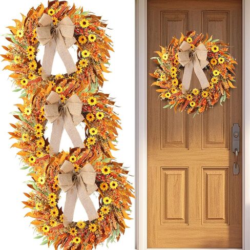 Dingion 22 Inch Fall Wreaths for Front Door Artificial Thanksgiving Wreaths with Burlap Bow Daisy Grain Berry Wreath Porch Decor for Home Farmhouse Autumn Harvest Festival Party Indoor Outdoor (3 Pcs) in Saudi Arabia
