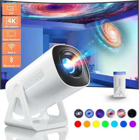 Portable WiFi and Bluetooth Projector - 4K 1080P Supported Mini Movie Projector, 270°Adjustable Stand Outdoor Home Theater Star Projector with Ambient Light for Phone TV Stick Laptop in Saudi Arabia