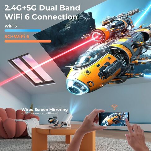 Portable WiFi and Bluetooth Projector - 4K 1080P Supported Mini Movie Projector, 270°Adjustable Stand Outdoor Home Theater Star Projector with Ambient Light for Phone TV Stick Laptop in Saudi Arabia