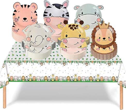 61PCS Jungle Safari Party Supplies, 60 Animal Shaped Disposable Paper Plates &1 Safari Tablecloth, Safari Theme Birthday Party Zoo Pals Plates for Baby Shower Farm Animal Birthday Decorations in Saudi Arabia