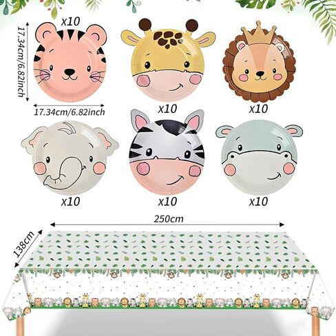 61PCS Jungle Safari Party Supplies, 60 Animal Shaped Disposable Paper Plates &1 Safari Tablecloth, Safari Theme Birthday Party Zoo Pals Plates for Baby Shower Farm Animal Birthday Decorations in Saudi Arabia