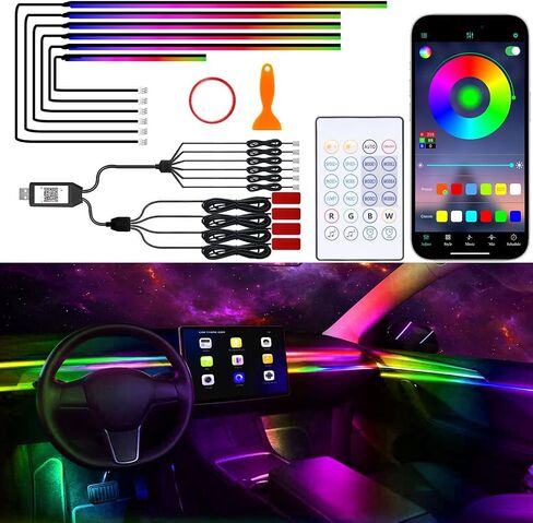 Acrylic Interior Car Lights, 10 in 1 Dreamcolor Car Ambient Lighting Kit with Wireless APP/Remote/Button Control, USB Car Inside Lighting Accessories with Music Mode for Vehicle Decoration in Saudi Arabia