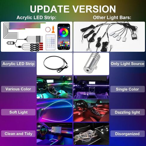 Acrylic Interior Car Lights, 10 in 1 Dreamcolor Car Ambient Lighting Kit with Wireless APP/Remote/Button Control, USB Car Inside Lighting Accessories with Music Mode for Vehicle Decoration in Saudi Arabia