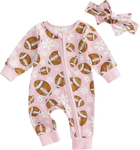 2Pcs Baby Girl Football Outfits Long Sleeve Flower Print Jumpsuit Romper with Headband Set Infant Clothes in Saudi Arabia