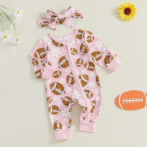 2Pcs Baby Girl Football Outfits Long Sleeve Flower Print Jumpsuit Romper with Headband Set Infant Clothes in Saudi Arabia