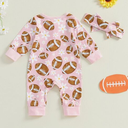 2Pcs Baby Girl Football Outfits Long Sleeve Flower Print Jumpsuit Romper with Headband Set Infant Clothes in Saudi Arabia