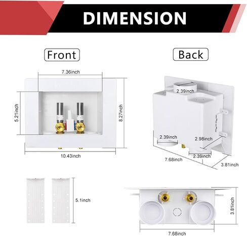 EFIELD Double Drain Washing Machine (Laundry) Outlet Box,1/2-inch Crimp Pex F1807 Inlet, Single Control Valve, Copper Water Hammer Arrestor in Kuwait
