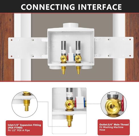 EFIELD Double Drain Washing Machine (Laundry) Outlet Box,1/2-inch Crimp Pex F1807 Inlet, Single Control Valve, Copper Water Hammer Arrestor in Kuwait