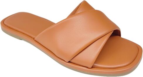 Women's Flat Sandals Summer Slides Leather Casual Soft Slip On Square Toe Slippers in Saudi Arabia