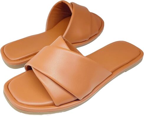 Women's Flat Sandals Summer Slides Leather Casual Soft Slip On Square Toe Slippers in Saudi Arabia