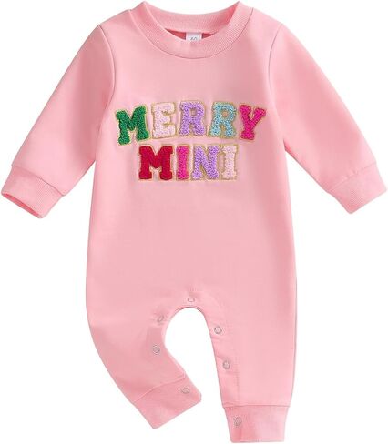 Ayalinggo Newborn Christmas Outfit Infant Baby Girl Boy Santa Onesie Long Sleeve My First Christmas Romper Jumpsuit Xmas Clothes (Pink Merry Mini,0-3 Months) in Saudi Arabia