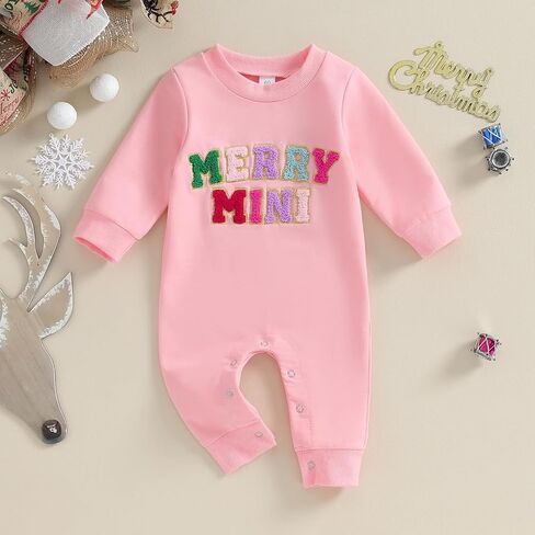 Ayalinggo Newborn Christmas Outfit Infant Baby Girl Boy Santa Onesie Long Sleeve My First Christmas Romper Jumpsuit Xmas Clothes (Pink Merry Mini,0-3 Months) in Saudi Arabia