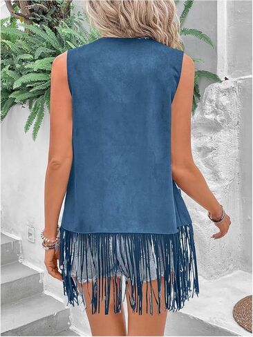 Verdusa Women's Fringe Vest Cardigan 70s Hippie Rivets Tassel Sleeveless Studded Jacket in Saudi Arabia