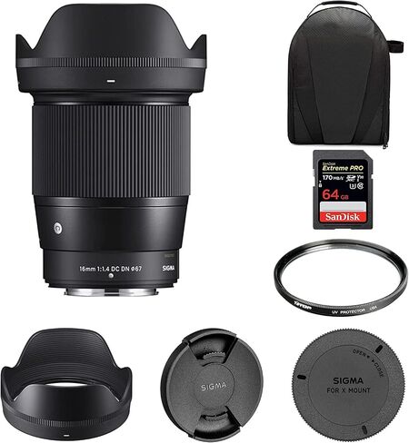 Sigma 16mm f/1.4 DC DN Contemporary Lens for FUJIFILM X | X-Mount Lens, Two SLD Elements, Three FLD Elements, Tiffen 67mm UV Protector Filter, 64GB Extreme PRO Memory Card, and Waith Camera Bag in Saudi Arabia