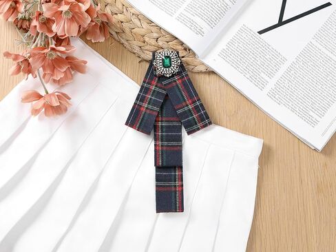 Elerevyo Women's Plaid Bow Brooch Tie Rhinestoneand Pearl Neck Tie Pin Checked Bow Tie in Kuwait