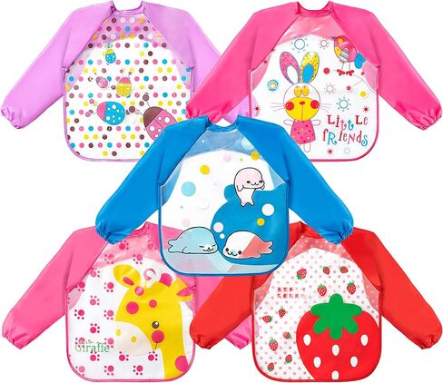 R HORSE 5 قطع مريلة بأكمام طويلة للأطفال الصغار مريلة ذات أكمام مقاومة للماء مرايل تغذية الرضع الملونة مع نمط الزرافة والأرنب والفراولة هدية لاستحمام الطفل in Kuwait