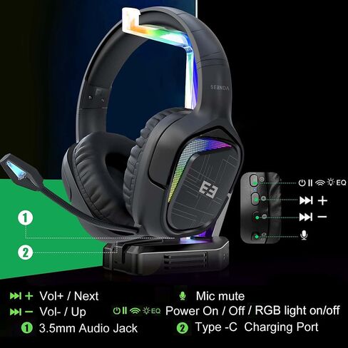 سماعة ألعاب لاسلكية من سيندا K47W مع ميكروفون للكمبيوتر الشخصي، PS5، PS4، سماعات رأس ثلاثية الوضع 2.4 جيجا هرتز لاسلكية/بلوتوث 5.0/3.5 ملم مع ضوء RGB، بطارية 20 ساعة in Kuwait