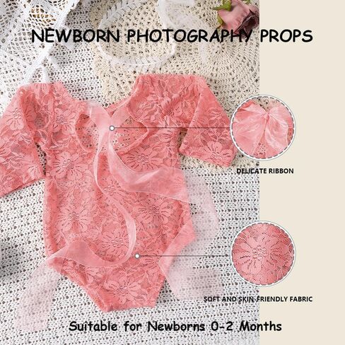 Newborn Photography Outfits Girl Newborn Photography Props Lace Romper with Headband Newborn Infant Photo Shoot Outfits Girls Photo Props Newborn Girl Photoshoot Outfits（Pink） in Saudi Arabia