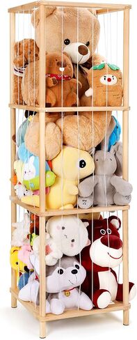 ACEPRUT Wood Stuffed Animal Storage Holder with Storage Basket, Space Save Three Tier Vertical Large Stuffed Animal Zoo Organizer for Playroom Bedroom, Toy Storage Birthday Gifts for Kids in Saudi Arabia