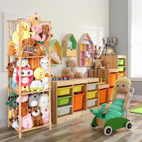 ACEPRUT Wood Stuffed Animal Storage Holder with Storage Basket, Space Save Three Tier Vertical Large Stuffed Animal Zoo Organizer for Playroom Bedroom, Toy Storage Birthday Gifts for Kids in Saudi Arabia