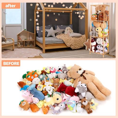 ACEPRUT Wood Stuffed Animal Storage Holder with Storage Basket, Space Save Three Tier Vertical Large Stuffed Animal Zoo Organizer for Playroom Bedroom, Toy Storage Birthday Gifts for Kids in Saudi Arabia