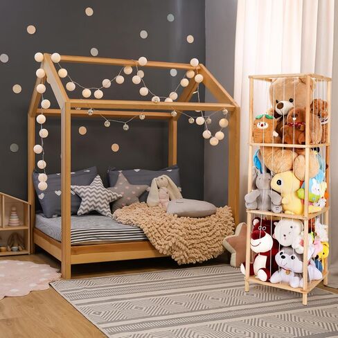 ACEPRUT Wood Stuffed Animal Storage Holder with Storage Basket, Space Save Three Tier Vertical Large Stuffed Animal Zoo Organizer for Playroom Bedroom, Toy Storage Birthday Gifts for Kids in Saudi Arabia
