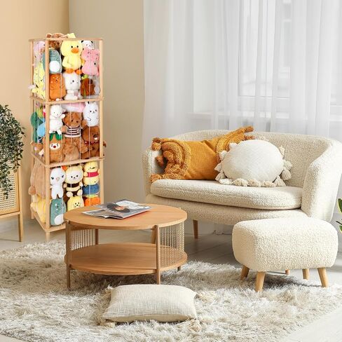 ACEPRUT Wood Stuffed Animal Storage Holder with Storage Basket, Space Save Three Tier Vertical Large Stuffed Animal Zoo Organizer for Playroom Bedroom, Toy Storage Birthday Gifts for Kids in Saudi Arabia