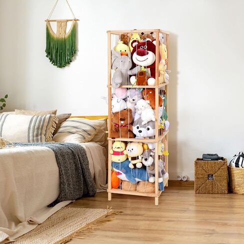 ACEPRUT Wood Stuffed Animal Storage Holder with Storage Basket, Space Save Three Tier Vertical Large Stuffed Animal Zoo Organizer for Playroom Bedroom, Toy Storage Birthday Gifts for Kids in Saudi Arabia