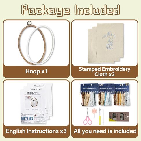 WANGTU 3 Sets Embroidery Kit for Beginners,Stamped Cross Stitch Kits,23 Basic Stitches Practice Kit for Adult with Embroidery Patterns,Full Tool Kit in Saudi Arabia