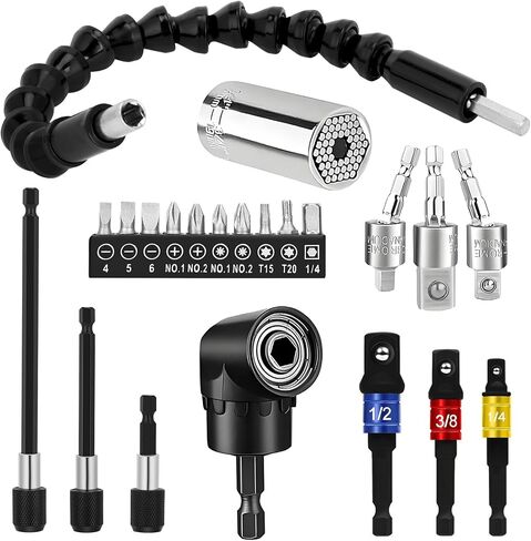 22pcs Flexible Drill Bit Extension Set Tool,105° Right Angle Drill Attachment Kit, Universal Impact Driver Adapter, Hex Shank Drill Bit Rotatable Joint Socket 1/4 3/8 1/2", Bendable Holder Screwdriver in Saudi Arabia