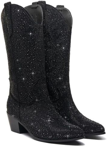GOSERCE Rhinestone Cowboy Boots Mid Calf Sparkly Cowgirl boots for Women Pointed Toe Low Chunky Stacked Heel 5cm Pull On Tabs Shiny Sparkle Glitter Fashion Party Retro Classic Vintage in Saudi Arabia