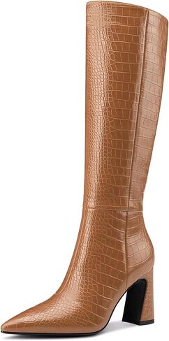 Castamere Women Knee High Boots Riding Boots for Women Calf High Tall Boots GoGo Boots Faux Crocodile Boots Chunky Block Heel Zipper Pointed Toe Long Boots 3.3 Inches in Saudi Arabia