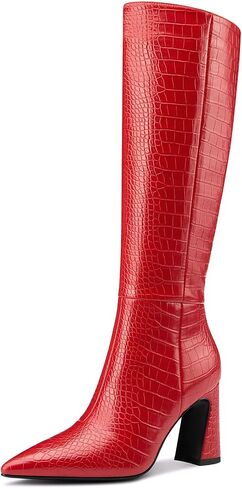 Castamere Women Knee High Boots Riding Boots for Women Calf High Tall Boots GoGo Boots Faux Crocodile Boots Chunky Block Heel Zipper Pointed Toe Long Boots 3.3 Inches in Saudi Arabia
