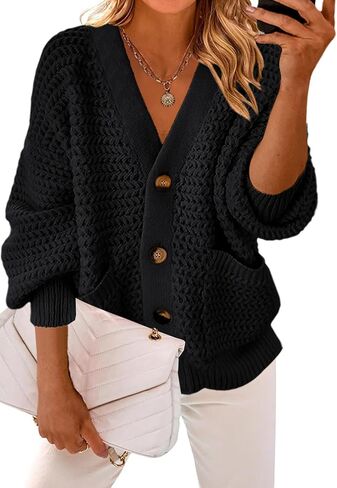 Allimy Womens Chunky Textured Knit Pocketed V Neck Soft Short Cardigan Sweaters for Women Trendy Winter Coats in Saudi Arabia