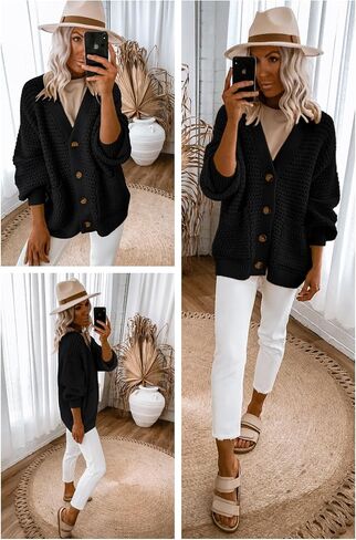 Allimy Womens Chunky Textured Knit Pocketed V Neck Soft Short Cardigan Sweaters for Women Trendy Winter Coats in Saudi Arabia