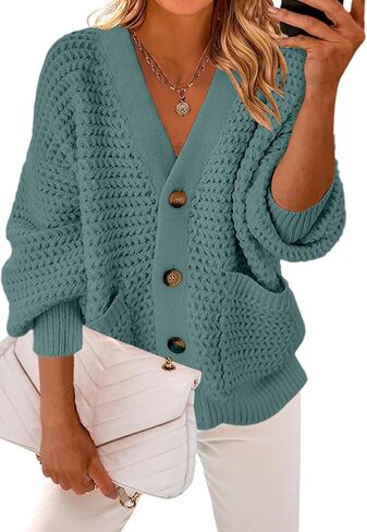 Allimy Womens Chunky Textured Knit Pocketed V Neck Soft Short Cardigan Sweaters for Women Trendy Winter Coats in Saudi Arabia