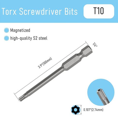 5PCS T10 Magnetic Tamper Proof Torx Screwdriver Bits, 1/4 Inch Hex Shank 3.9 Inch Length S2 Steel Security Drill Torx Head Drill Screw Driver Tools(100mm Long, Star 6 Point) in Saudi Arabia