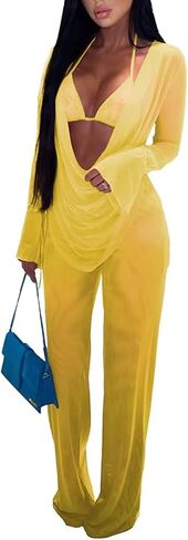 EDITCOZY Women Mesh Sheer 3pcs Outfits Long Sleeve Top Long Pant Bikini Cover Up in Kuwait