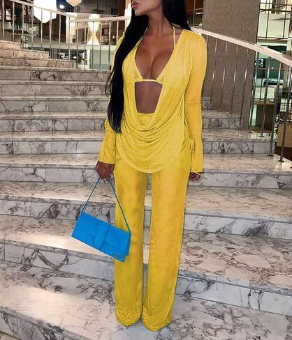 EDITCOZY Women Mesh Sheer 3pcs Outfits Long Sleeve Top Long Pant Bikini Cover Up in Kuwait
