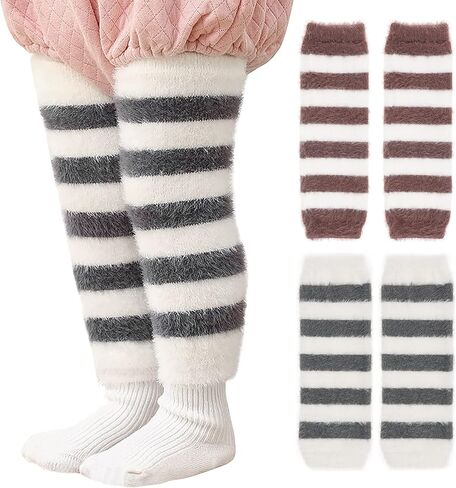 زوجان من جوارب تدفئة أرجل الأطفال الصغار المخططة، جوارب تدفئة الساق للجنسين للركبة وأكمام واقية للركبة للأولاد والبنات تناسب عمر 0-5 سنوات، مقاس واحد (أبيض + رمادي وأبيض + قهوة) in Kuwait