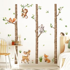 Tanlaby Large Birch Tree Forest Animals Wall Stickers Woodland Brown Trees Wall Decals Deer Fox Monkey Sticker Peel and Stick Art Decor for Baby Nursery Kids Toddler Bedroom Playroom Classroom
