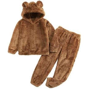 Flygo Girls Fuzzy Pants Set Crop Hoodie Bear Ear Two Piece Outfits Fluffy Sweatshirt and Fleece Pants Sweatsuit